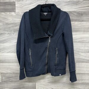 Roxy Jacket Women XS Black Cotton Fleece Lined Ribbed Collar Asymmetric Full Zip